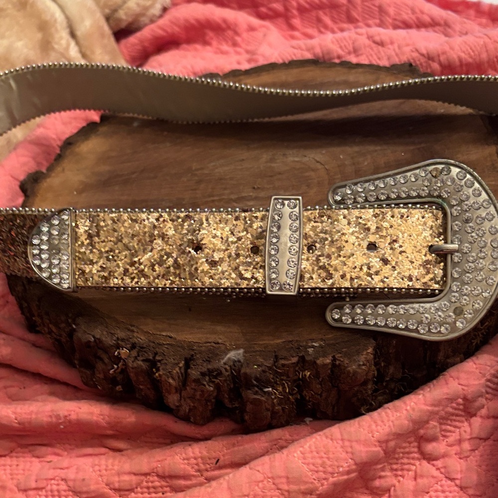 Faux Leather Sparkling Gold and Silver Belt with Rhinestones 2XL